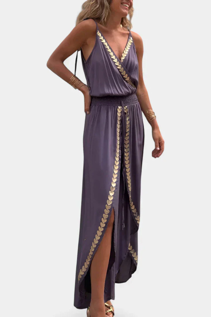 Donatila Backless Jumpsuit Featuring Elegant Gold Accents