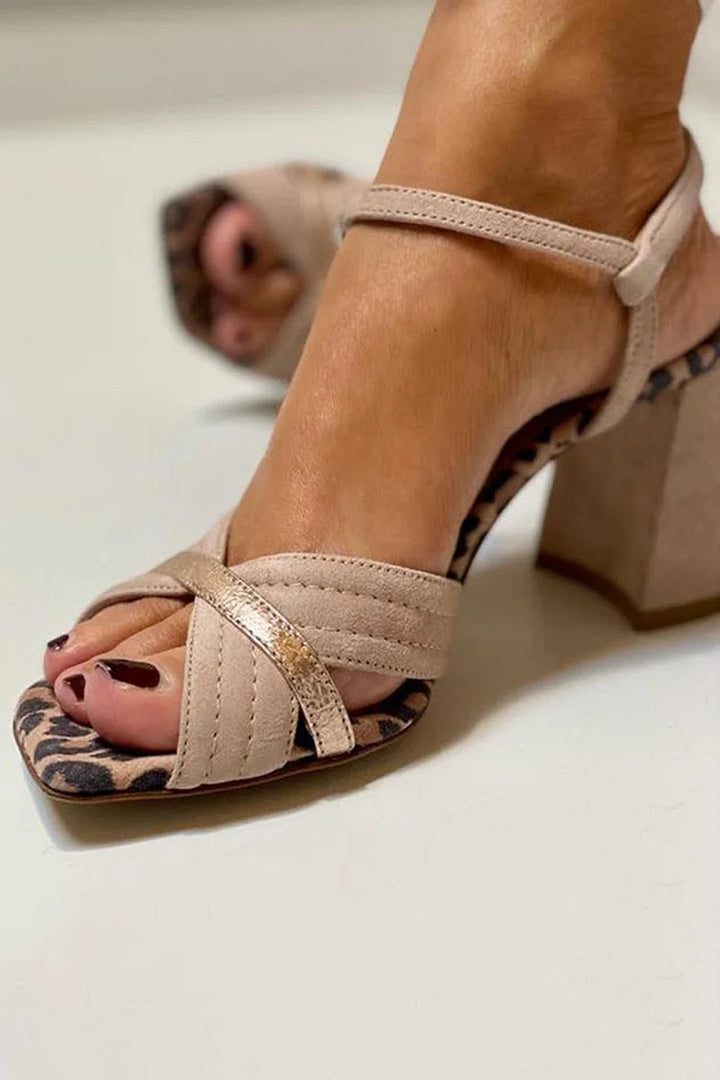 Block Heel Sandals for Women - Nude Strappy Heels Gold Accent
