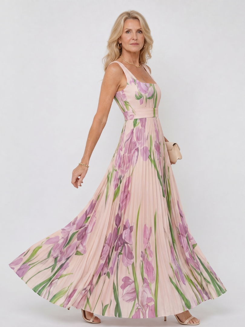 Vimele | Pleated Sleeveless Square Neck Midi Dress