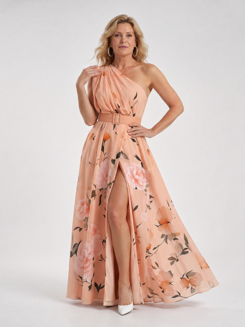 Manios | Floral Print One Shoulder Belted Maxi Dress