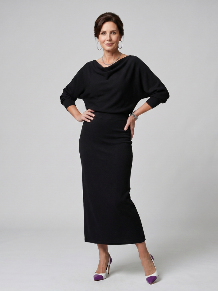 Romy | Draped Neckline Fitted Skirt Midi Dress