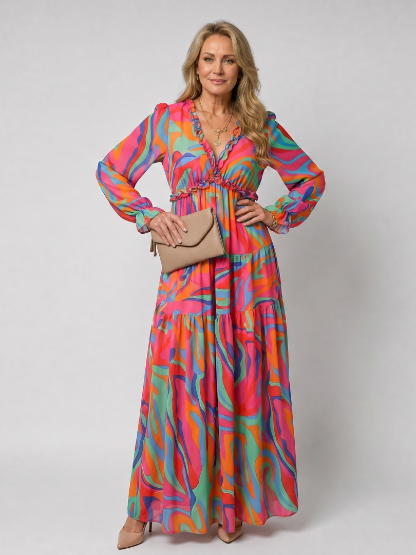 Camelo | Floral Print Long Sleeve Tiered Maxi Dress