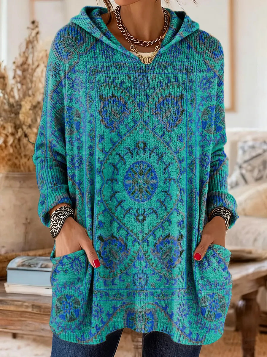 Retro Ethnic Print Hooded Knit Tunic