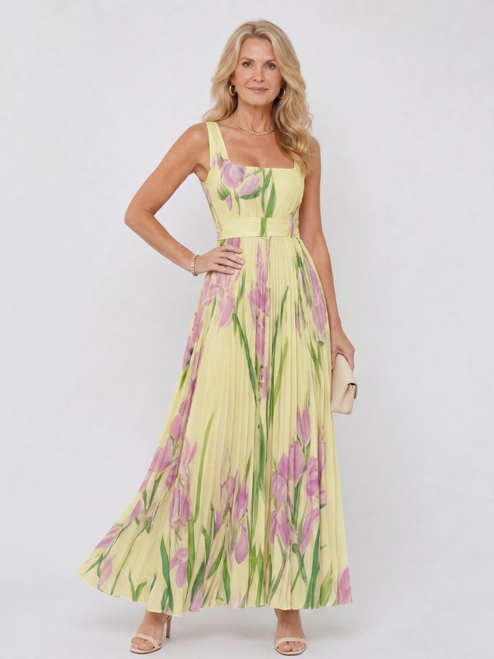 Vimele | Pleated Sleeveless Square Neck Midi Dress