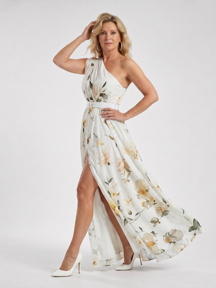 Manios | Floral Print One Shoulder Belted Maxi Dress