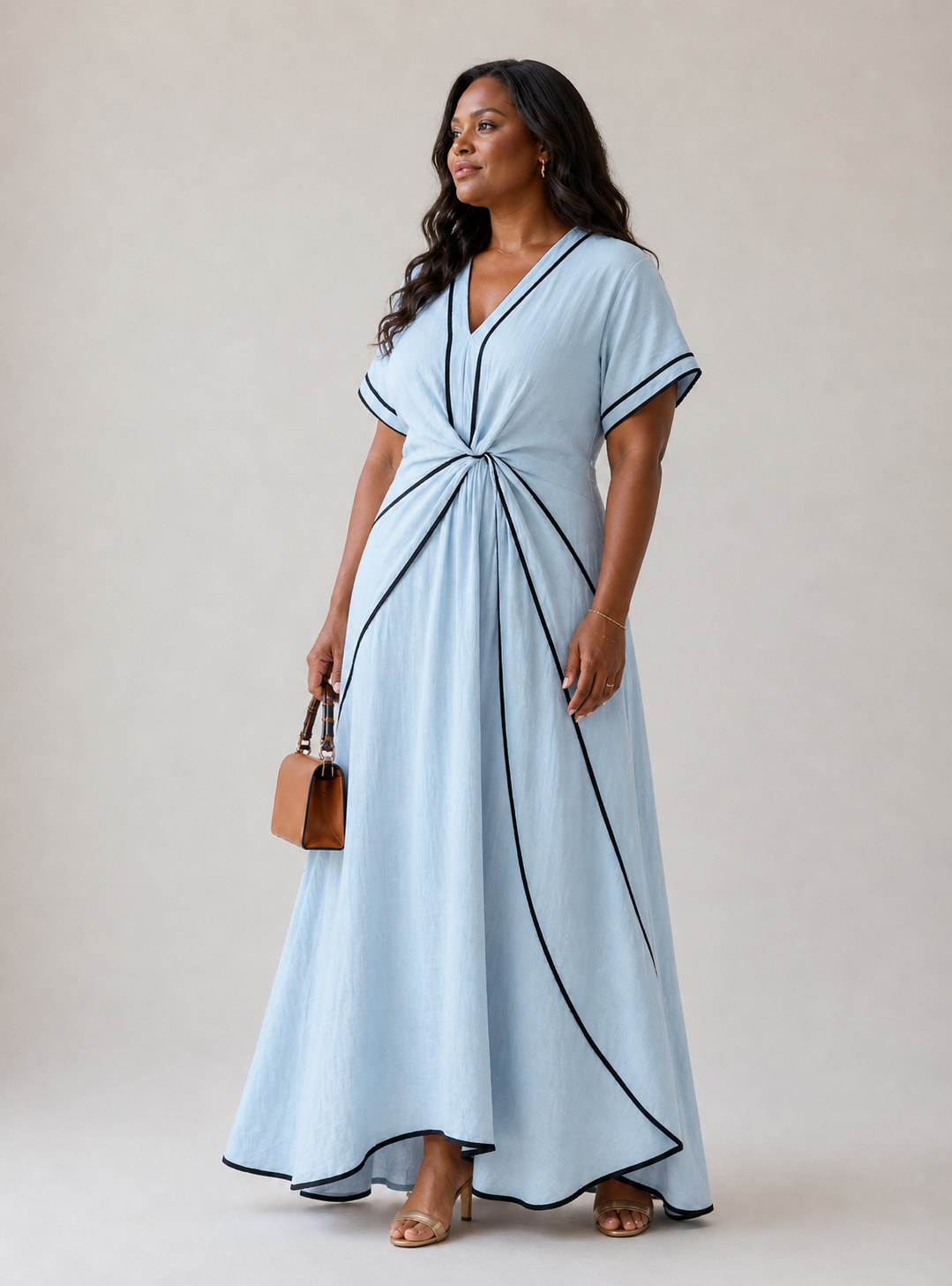 Linnea | V Neck Short Sleeve Gathered Waist Midi Dress