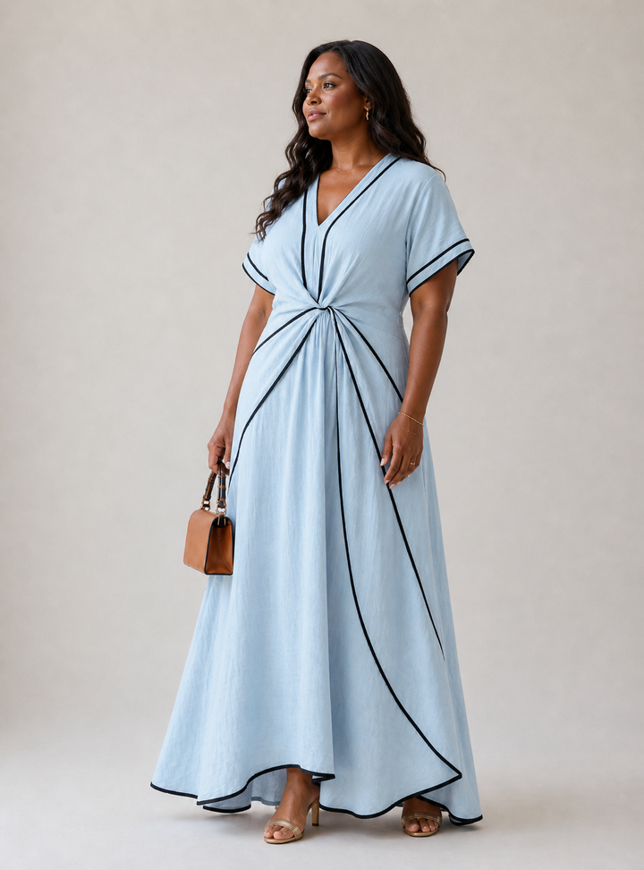 Linnea | V Neck Short Sleeve Gathered Waist Midi Dress