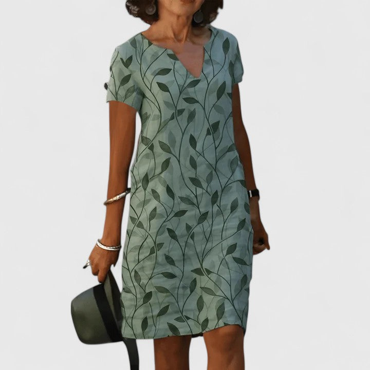 Cotton Summer Dress with V-Neck | Elegant Leaf Print Dress