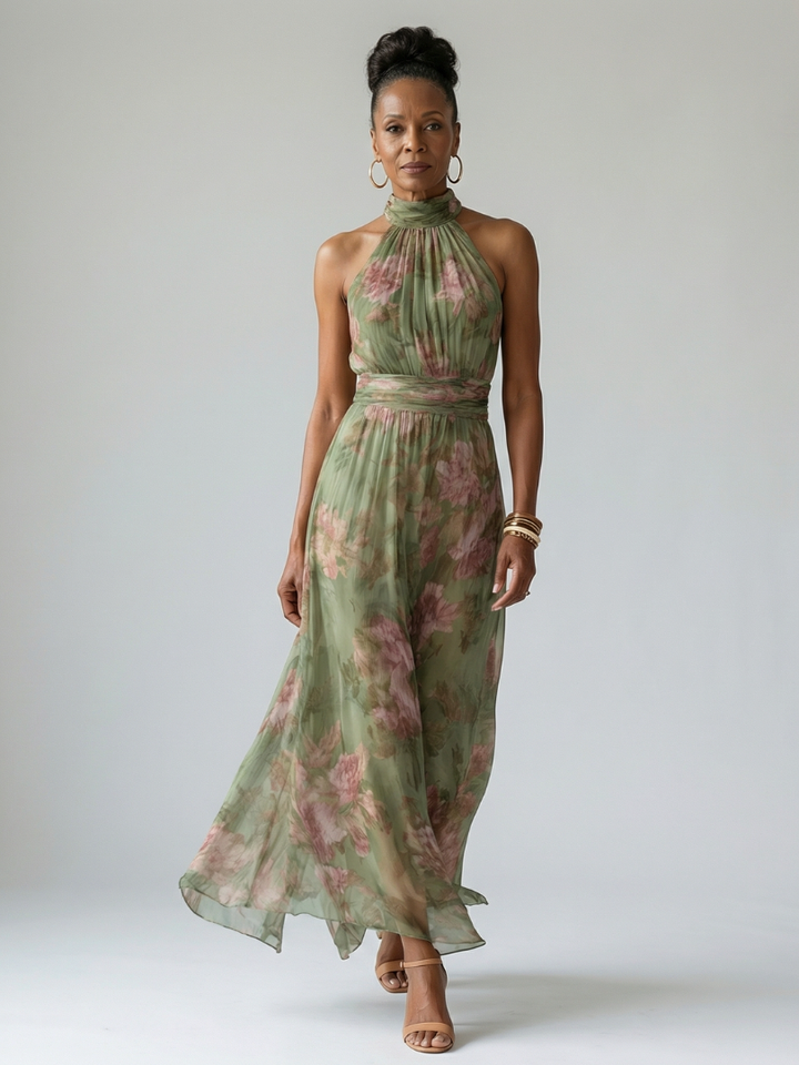 Floral Midi Dress with Halter Neckline and Gathered Bodice