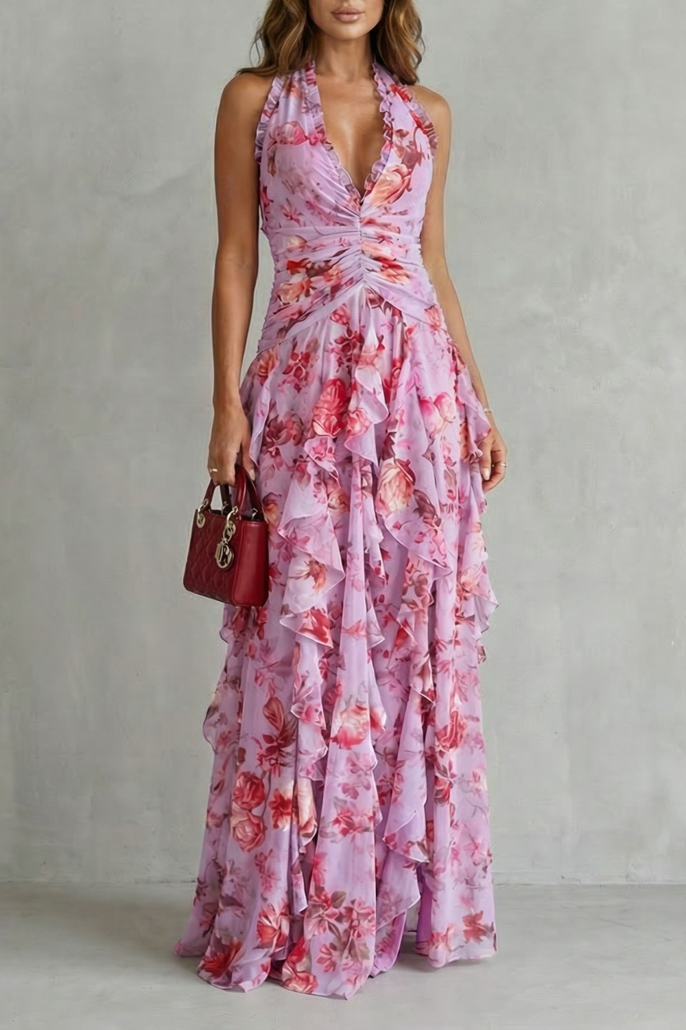 Halter Neck Maxi Dress with Floral Print for Women