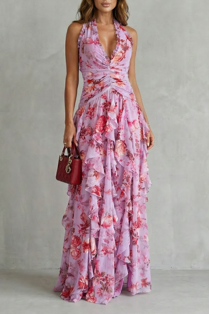 Halter Neck Maxi Dress with Floral Print for Women