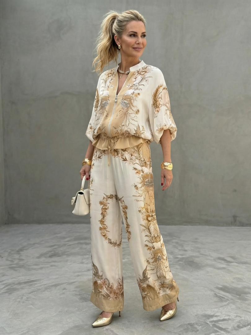 Indie | Zip Front Blouson Top Printed Two Piece Set