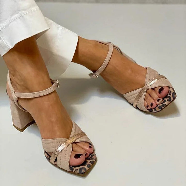 Block Heel Sandals for Women - Nude Strappy Heels Gold Accent