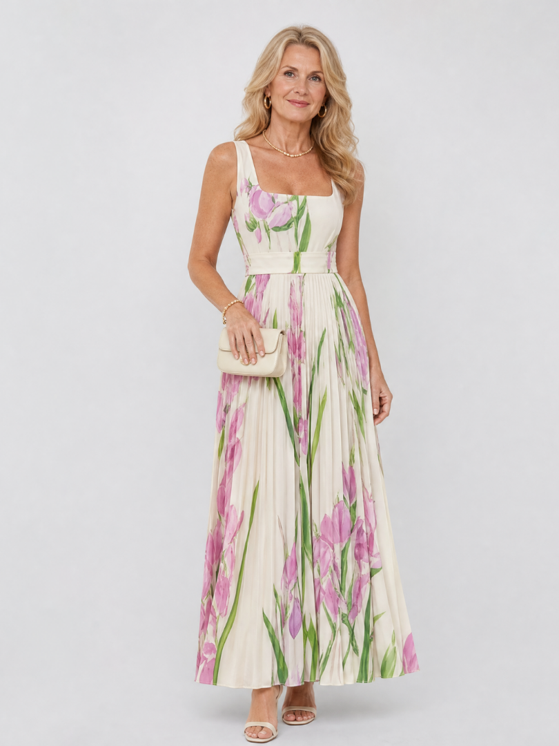 Vimele | Pleated Sleeveless Square Neck Midi Dress