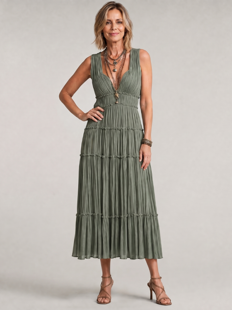 Somala | Pleated Sleeveless Tiered V Neck Midi Dress