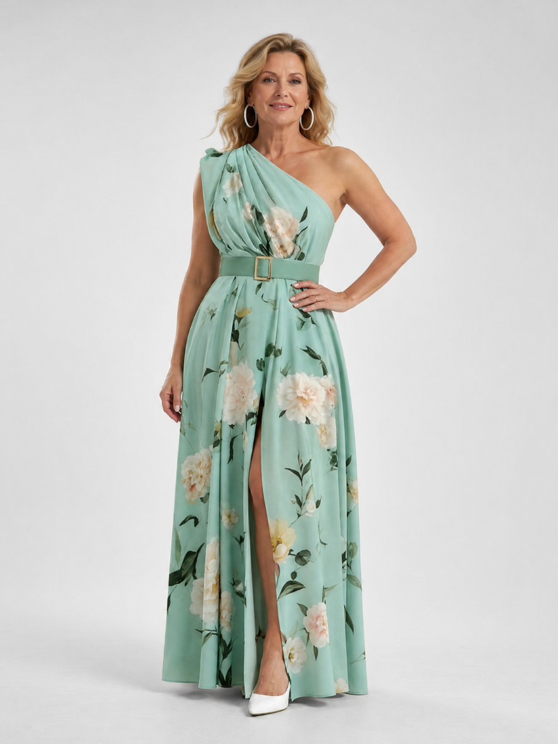 Manios | Floral Print One Shoulder Belted Maxi Dress