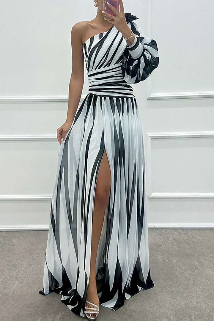 Violet & Grace™ |Elegant Striped Maxi Dress with One Shoulder
