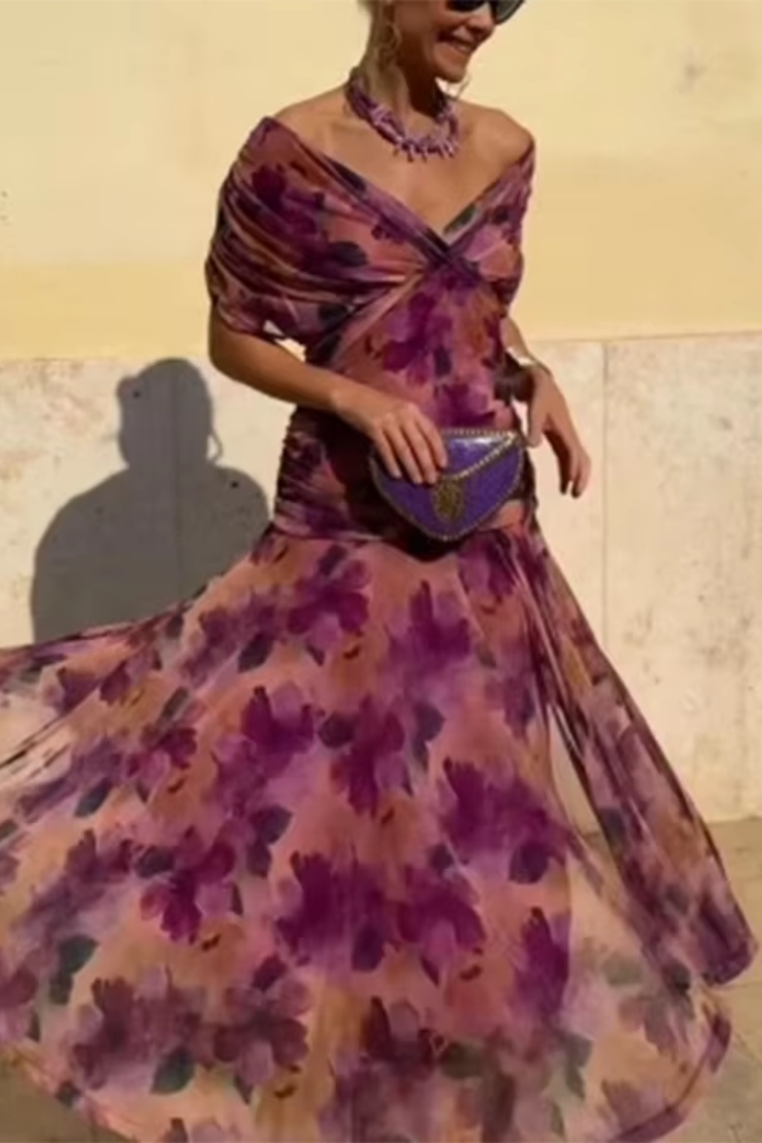Elegant V-Neck Maxi Dress with Pleated Waist for Women