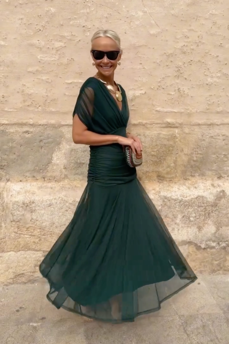 Elegant V-Neck Maxi Dress with Pleated Waist for Women