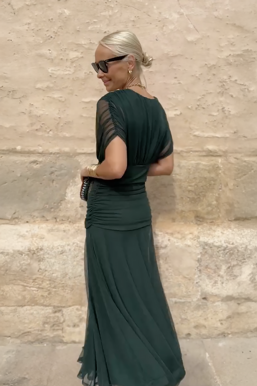 Elegant V-Neck Maxi Dress with Pleated Waist for Women