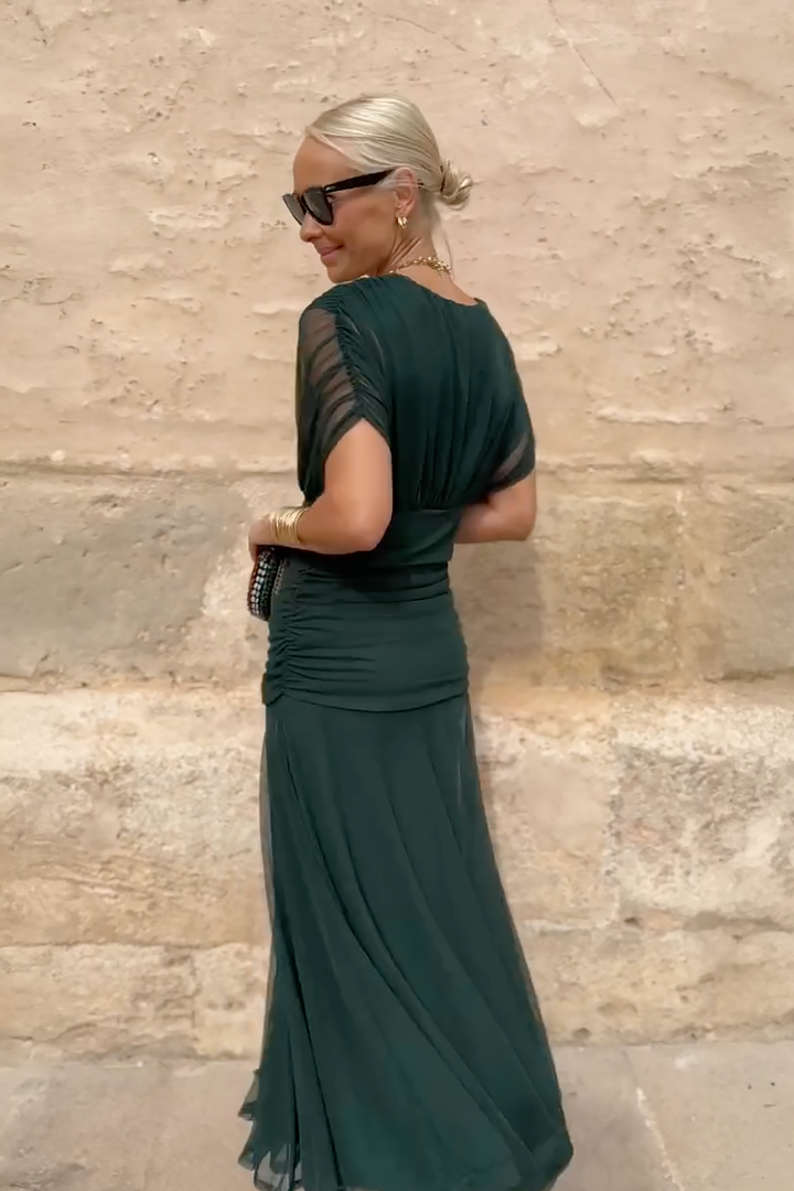 Elegant V-Neck Maxi Dress with Pleated Waist for Women