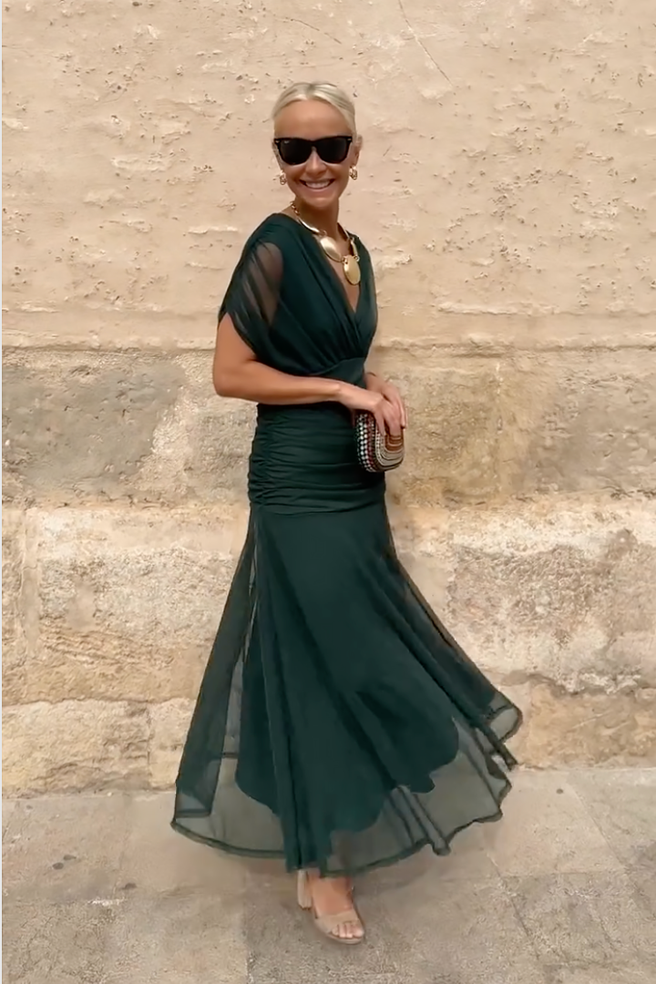 Elegant V-Neck Maxi Dress with Pleated Waist for Women