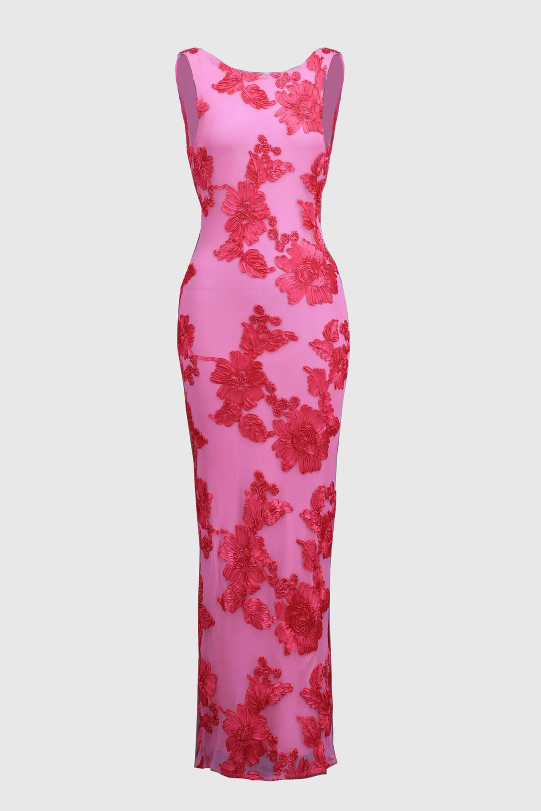 Pink Maxi Dress with Floral Embroidery for Women