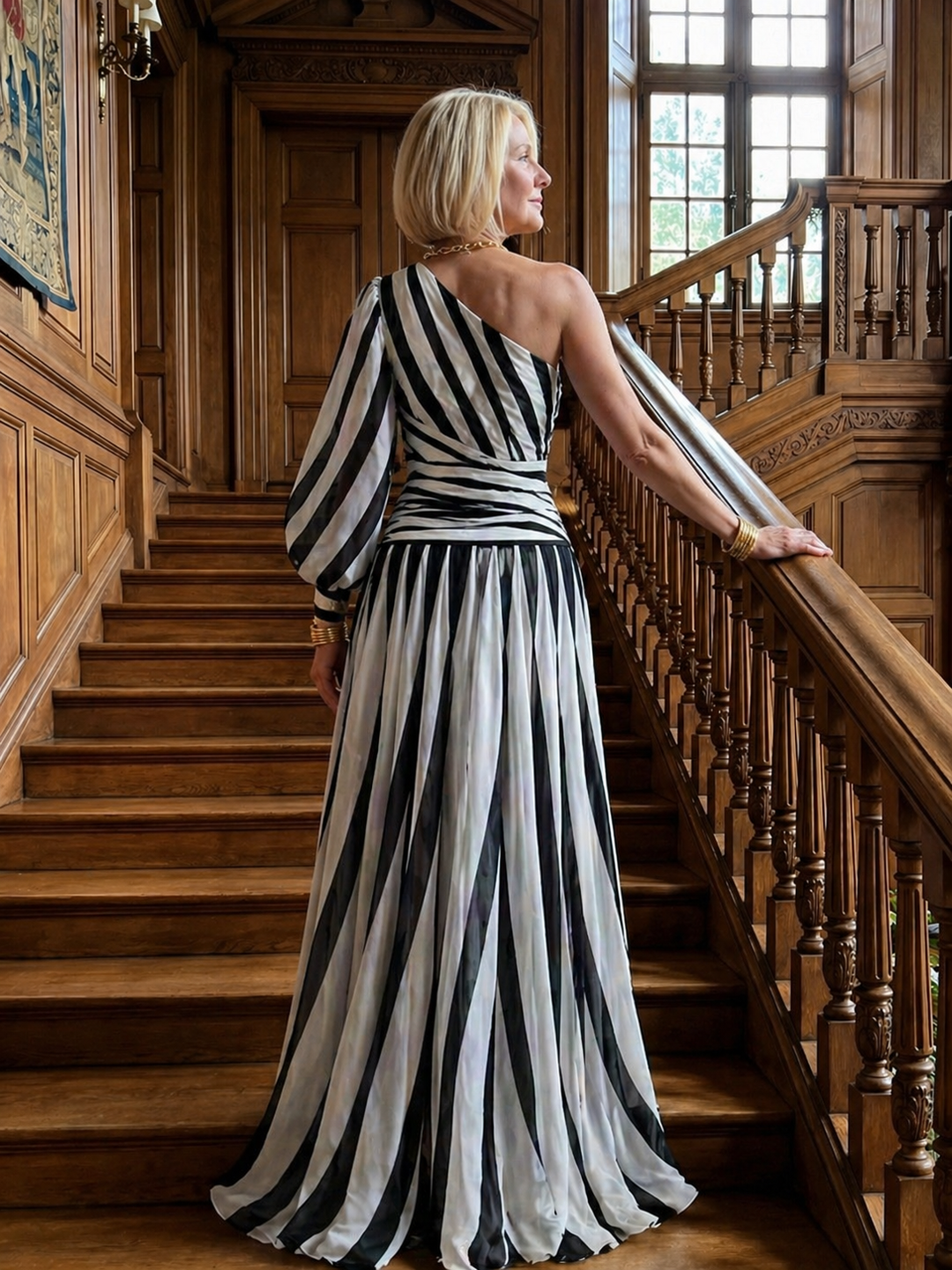 Violet & Grace™ |Elegant Striped Maxi Dress with One Shoulder