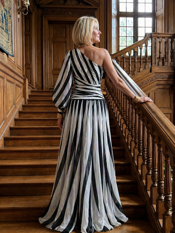 Violet & Grace™ |Elegant Striped Maxi Dress with One Shoulder