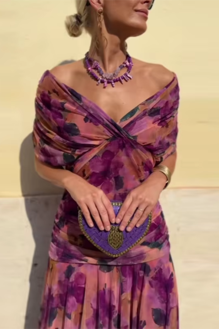 Elegant V-Neck Maxi Dress with Pleated Waist for Women