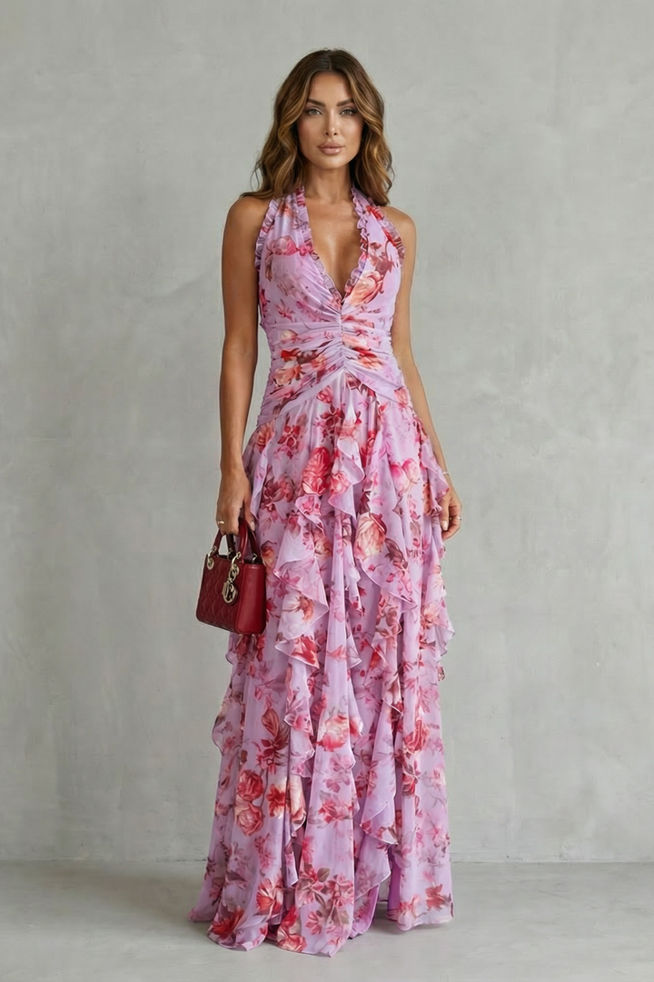 Halter Neck Maxi Dress with Floral Print for Women