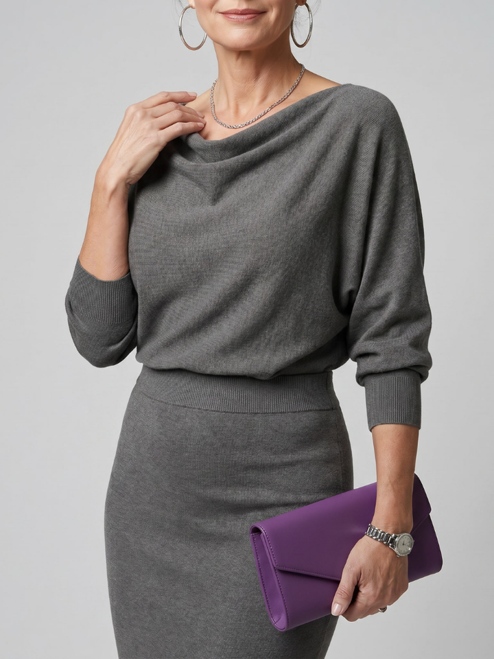 Romy | Draped Neckline Fitted Skirt Midi Dress