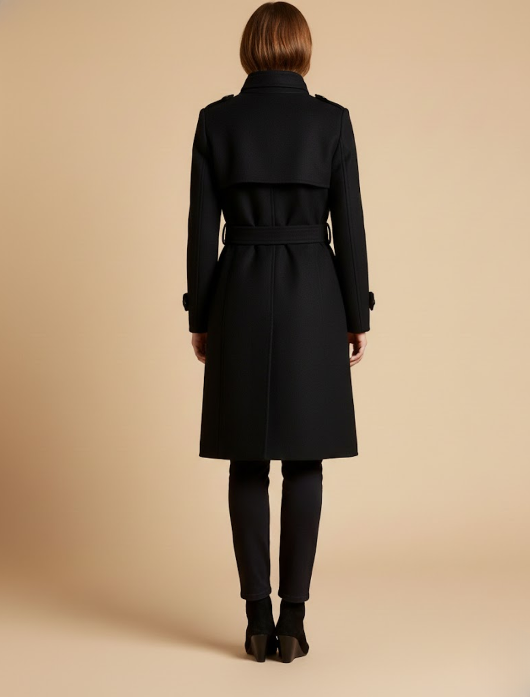 Women’s Long Coat – Double-Breasted, Mid-Length, Classic Collar
