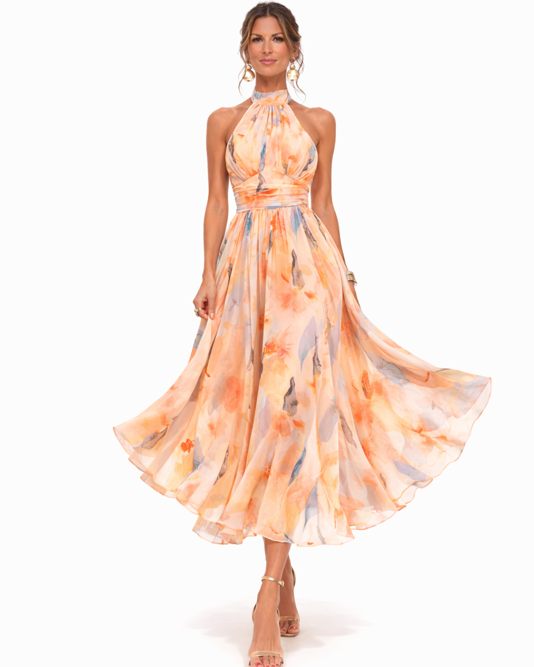 Halter Neck Maxi Dress with Watercolor Print