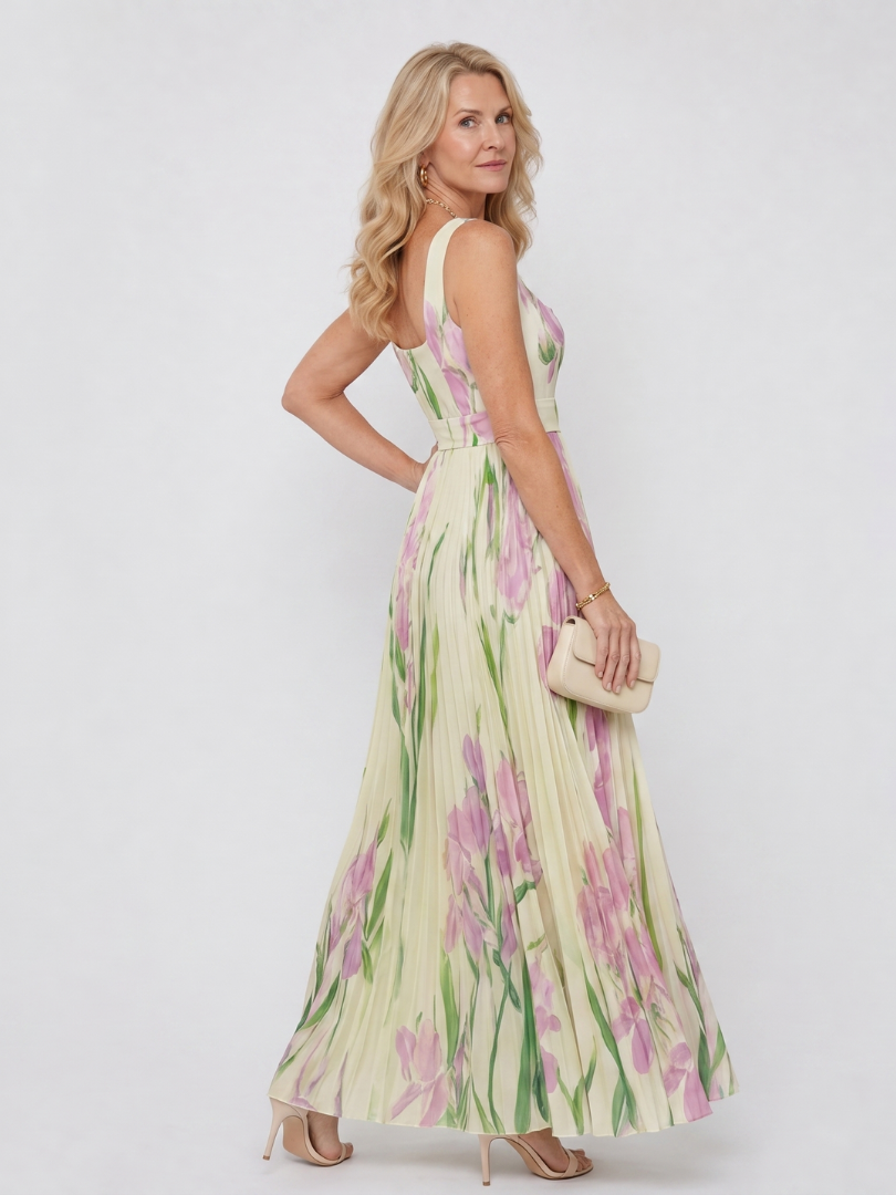 Vimele | Pleated Sleeveless Square Neck Midi Dress
