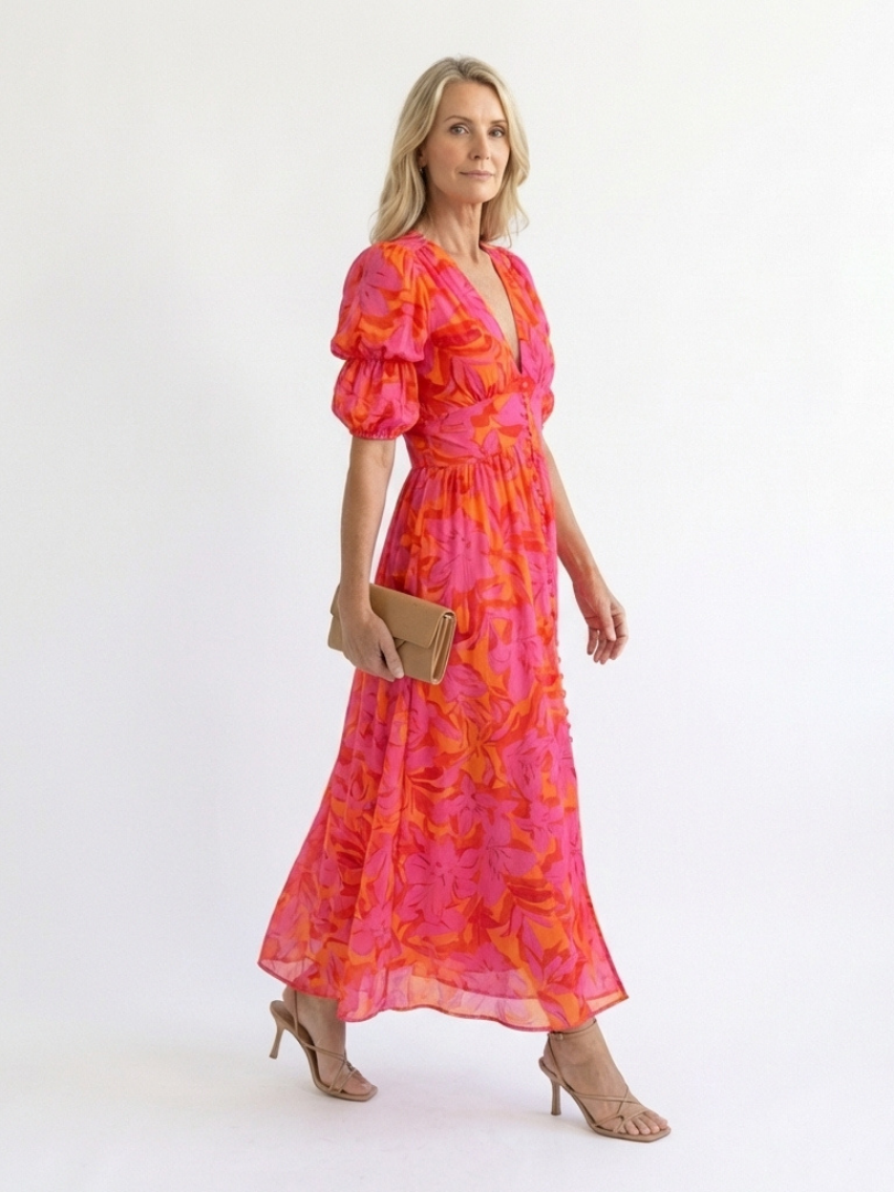 Violet & Grace™ | Floral V Neck Puff Sleeve Midi Dress