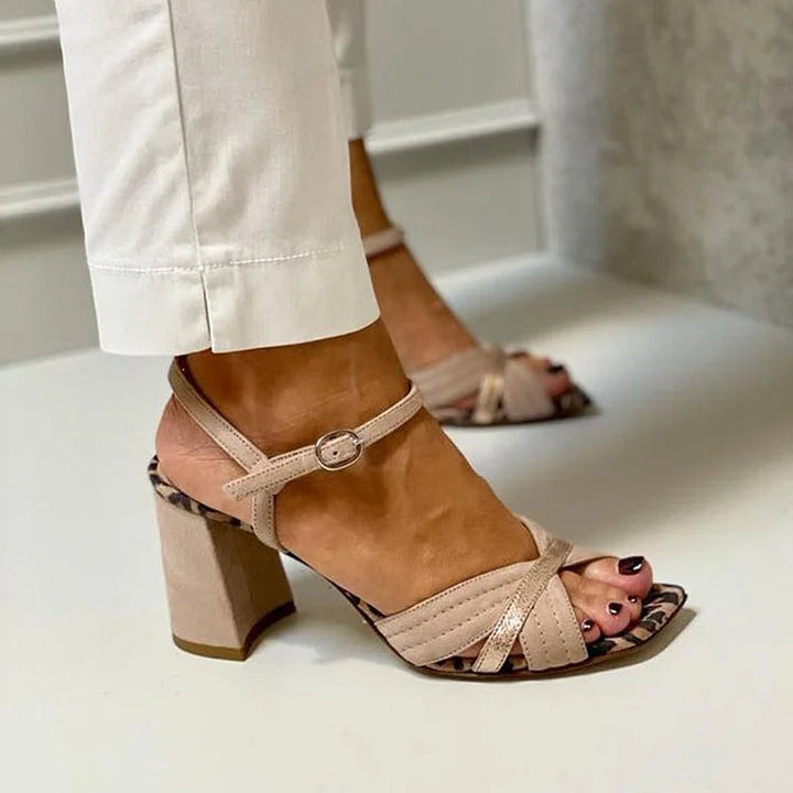 Block Heel Sandals for Women - Nude Strappy Heels Gold Accent