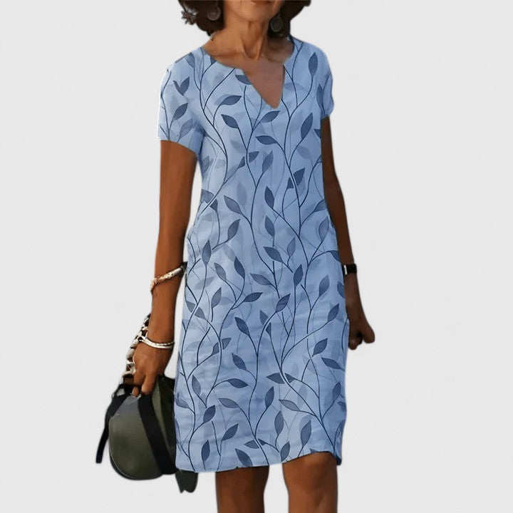 Cotton Summer Dress with V-Neck | Elegant Leaf Print Dress