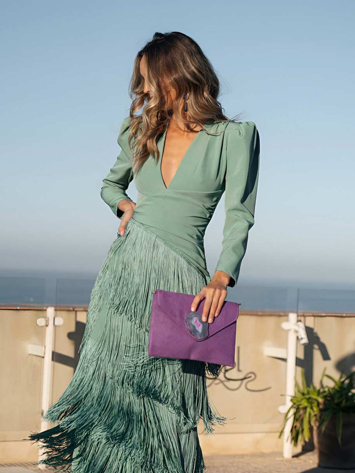 Fringe Maxi Dress V-Neck Sage Green Evening Gown