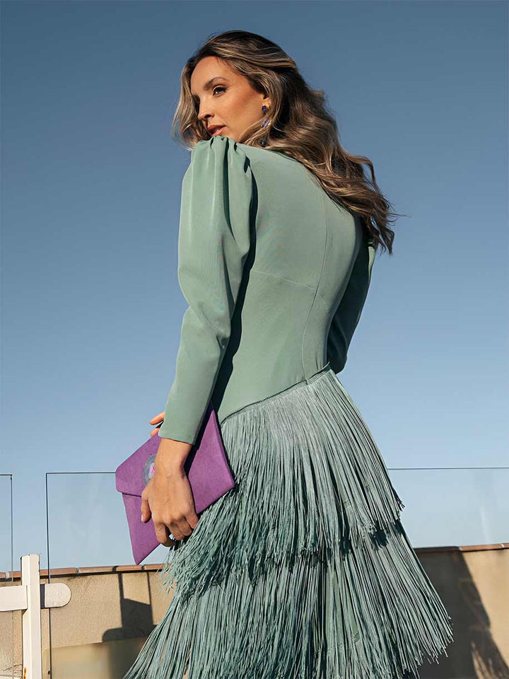 Fringe Maxi Dress V-Neck Sage Green Evening Gown