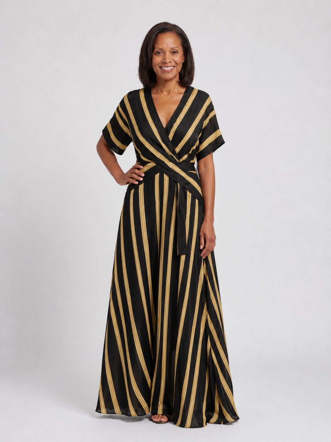 Lina | Short Sleeve V Neck Striped Wrap Midi Dress