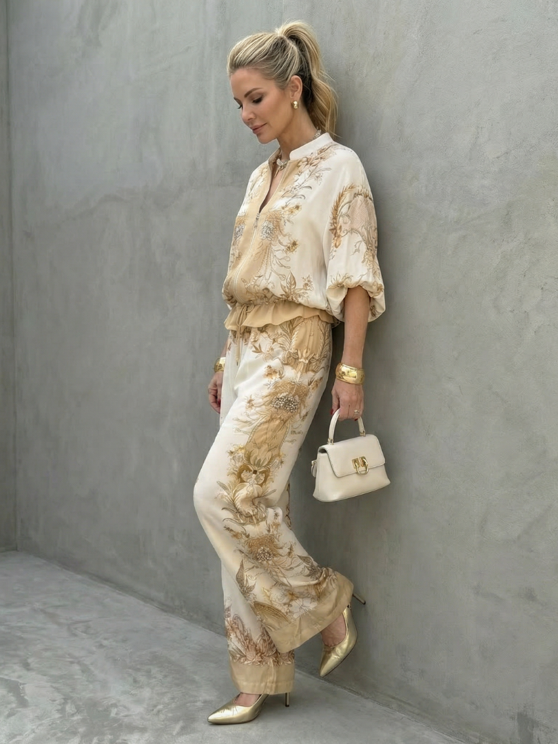 Indie | Zip Front Blouson Top Printed Two Piece Set