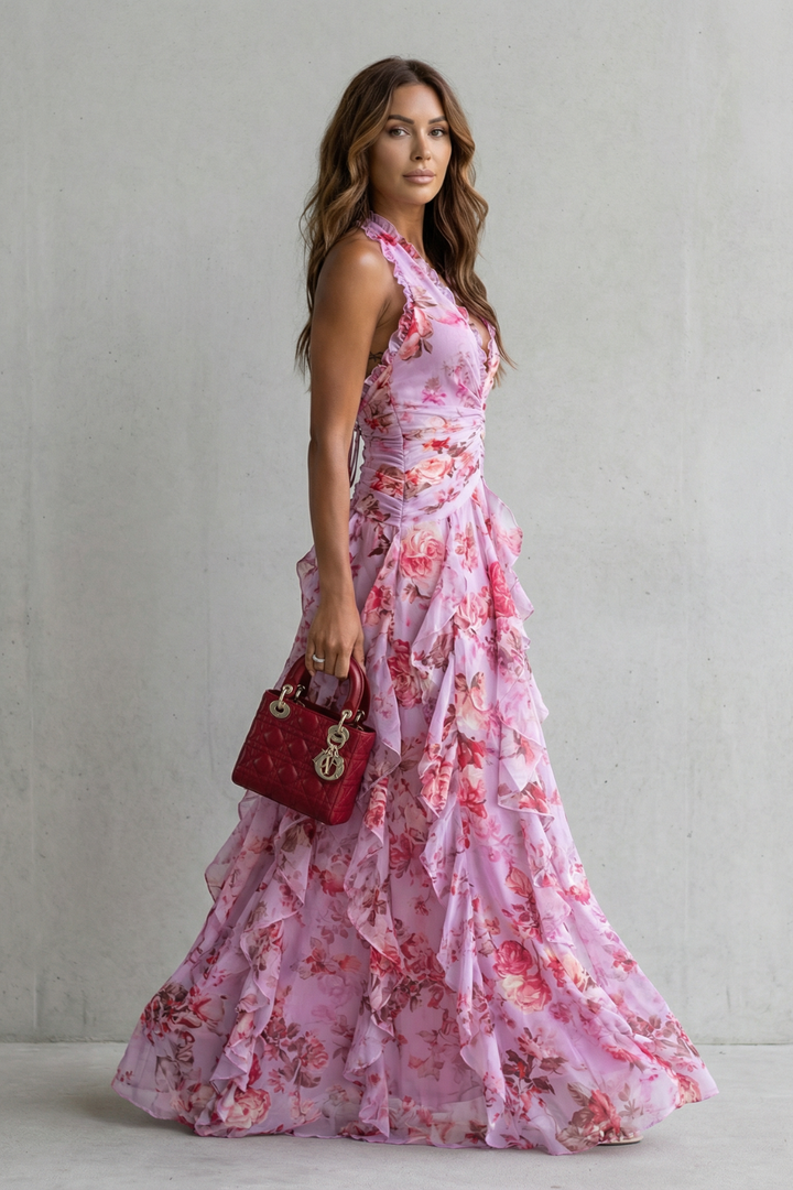 Halter Neck Maxi Dress with Floral Print for Women