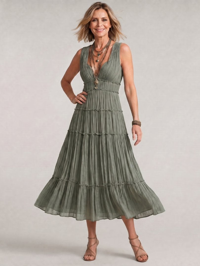 Somala | Pleated Sleeveless Tiered V Neck Midi Dress