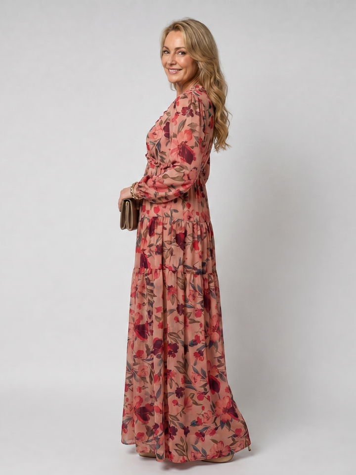 Camelo | Floral Print Long Sleeve Tiered Maxi Dress