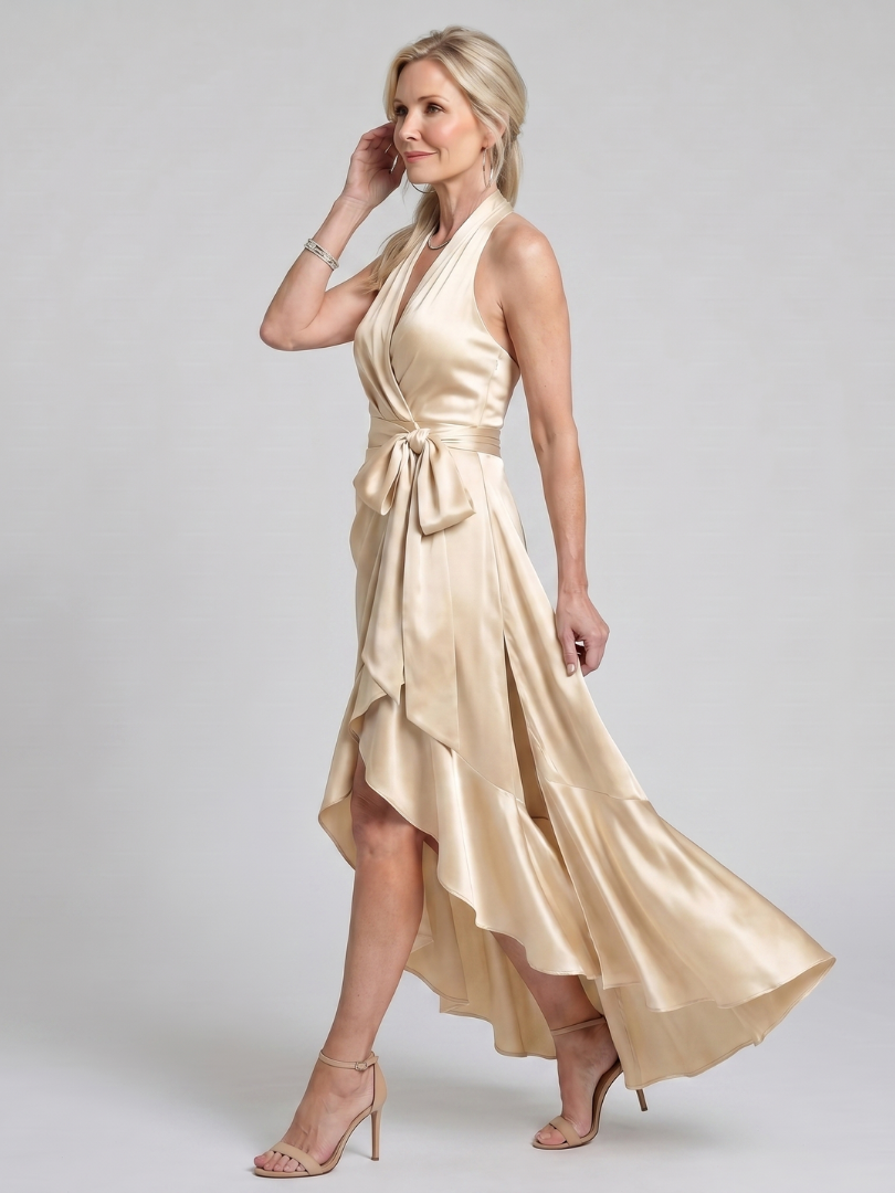 Honora | Halter Neck Wrap Asymmetric Hem Midi Dress
