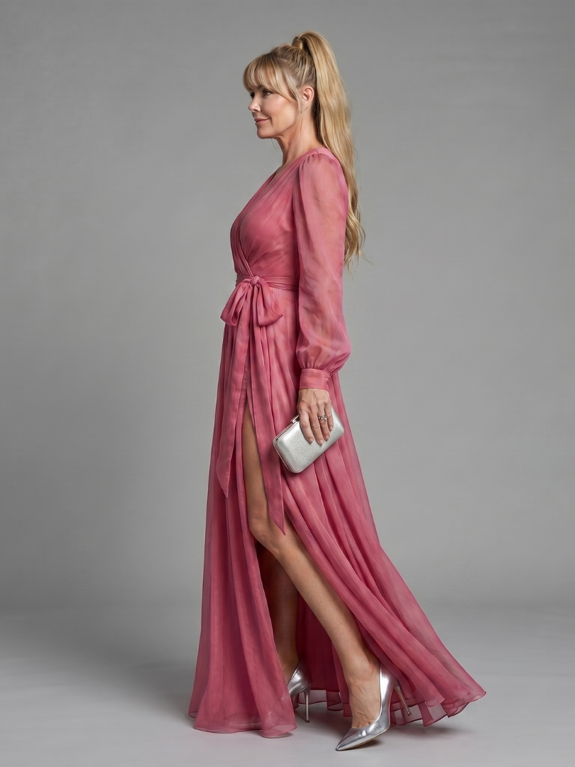 Meredith | Long Sleeve Wrap Sheer Flowing Maxi Dress