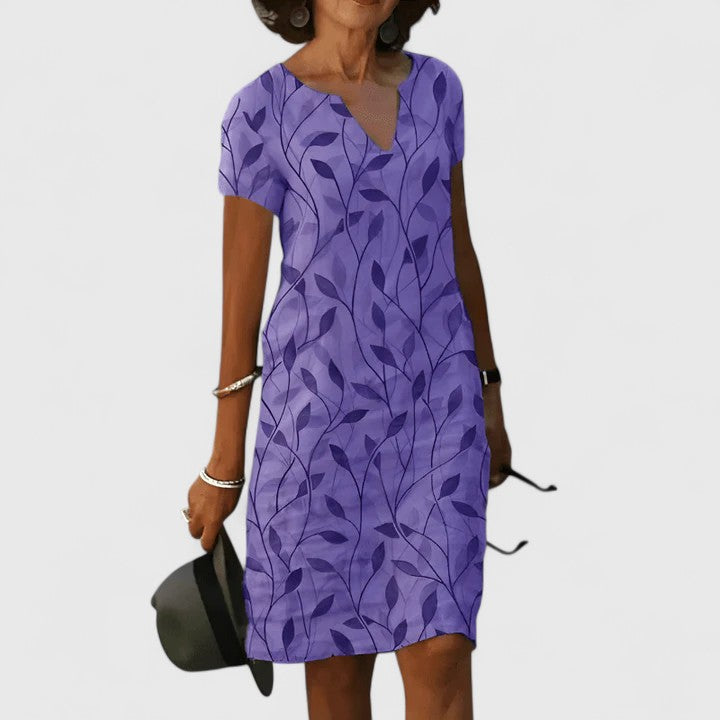 Cotton Summer Dress with V-Neck | Elegant Leaf Print Dress