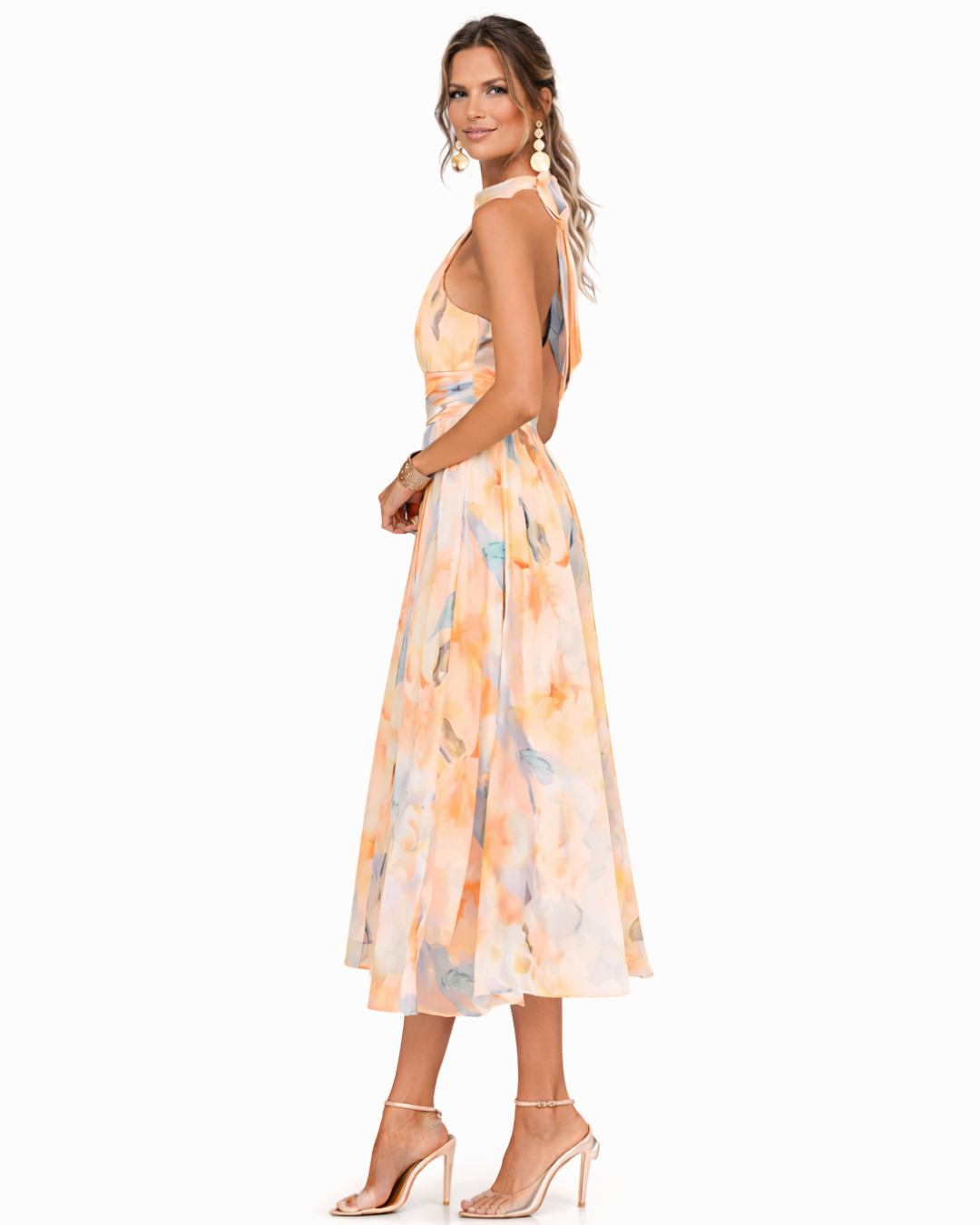 Halter Neck Maxi Dress with Watercolor Print