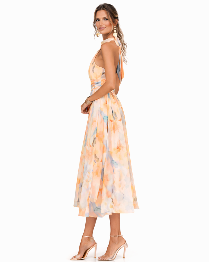 Halter Neck Maxi Dress with Watercolor Print